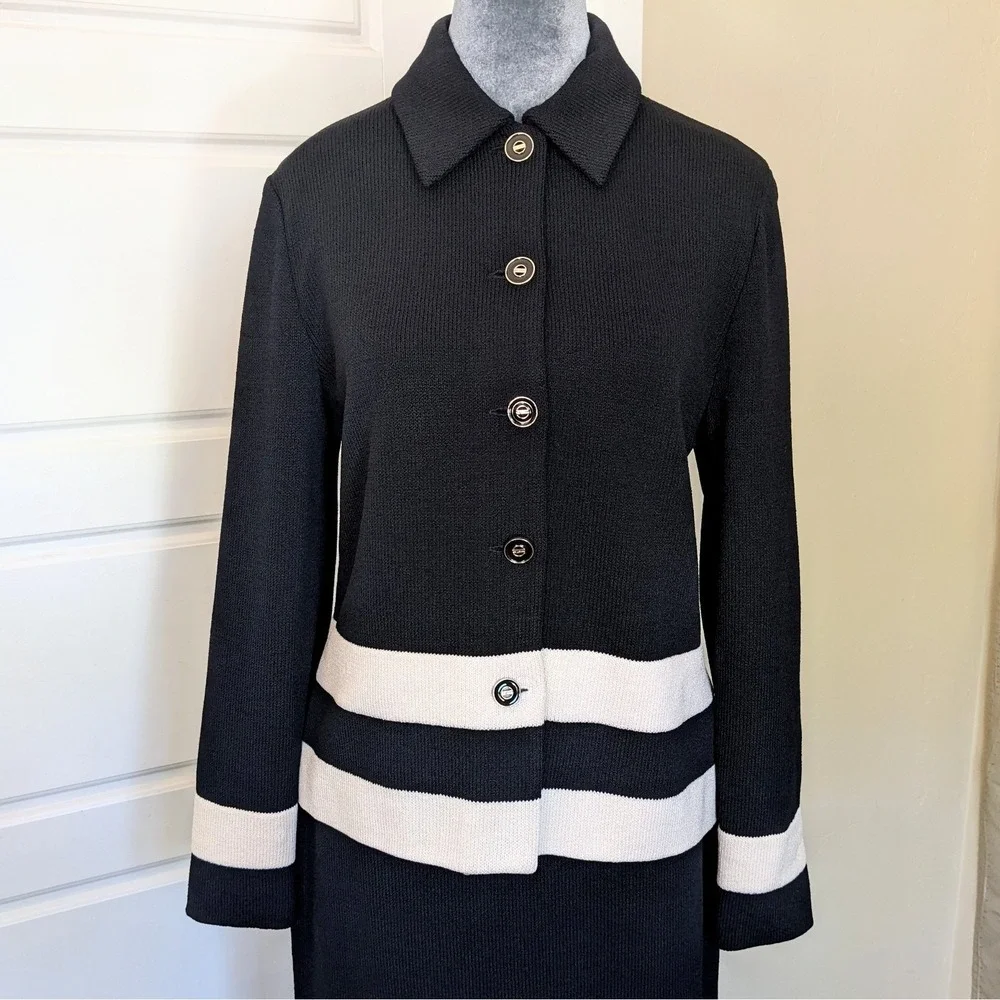 Vintage St John Collection Santana Knit 2 Piece Skirt Suit Set 6 Black Cream - Picture 2 of 16
